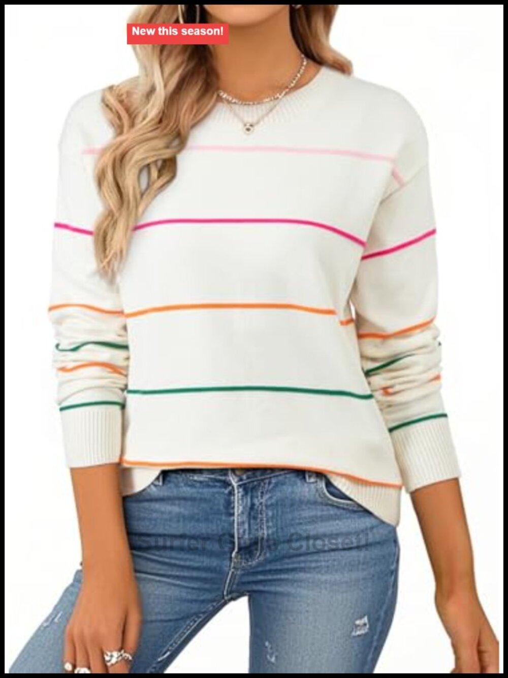 SHEWIN Womens Crew Neck Striped Knit Long Sleeve Sweater Loose Fit Pullover